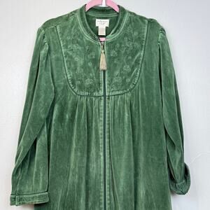 Vintage Amanda Stewart Velour Robe XL Green Zip Front Embroidered Intimates